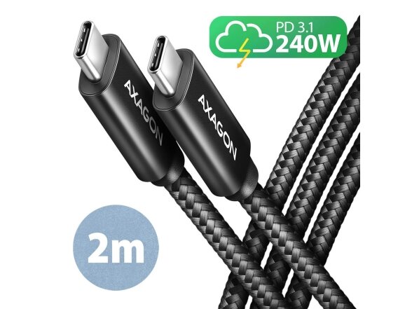 CABLE USB-C TO USB-C 2M 240W/BRAID BLK BUCM2-CM20AB AXAGON CABLE USB-C TO USB-C 2M 240W/BRAID BLK BUCM2-CM20AB AXAGON
