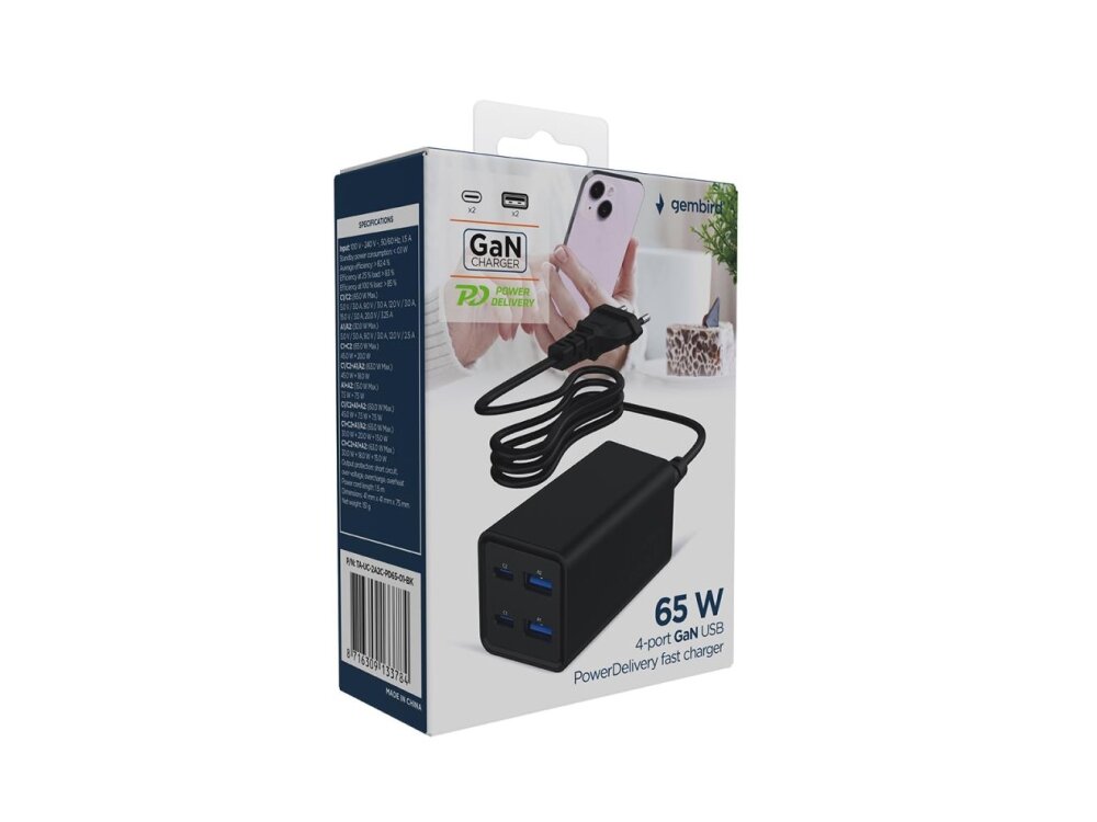 CHARGER USB UNIVERSAL 4P 65W/TA-UC-2A2C-PD65-01-BK GEMBIRD 1