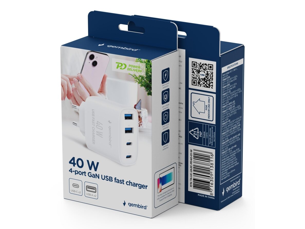CHARGER USB UNIVERSAL 4P 40W/TA-UC-2A2C-PD40-01-W GEMBIRD 4 CHARGER USB UNIVERSAL 4P 40W/TA-UC-2A2C-PD40-01-W GEMBIRD 4