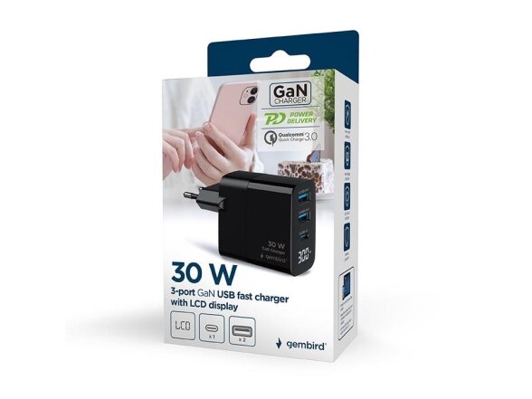 CHARGER USB 30W 3PORT/TA-UC-PDQC30LCD-BK-02 GEMBIRD 3