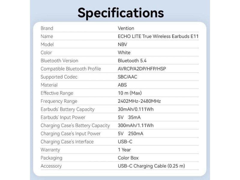 HEADSET WRL ECHO LITE E11/WHITE NBVW0 VENTION 10