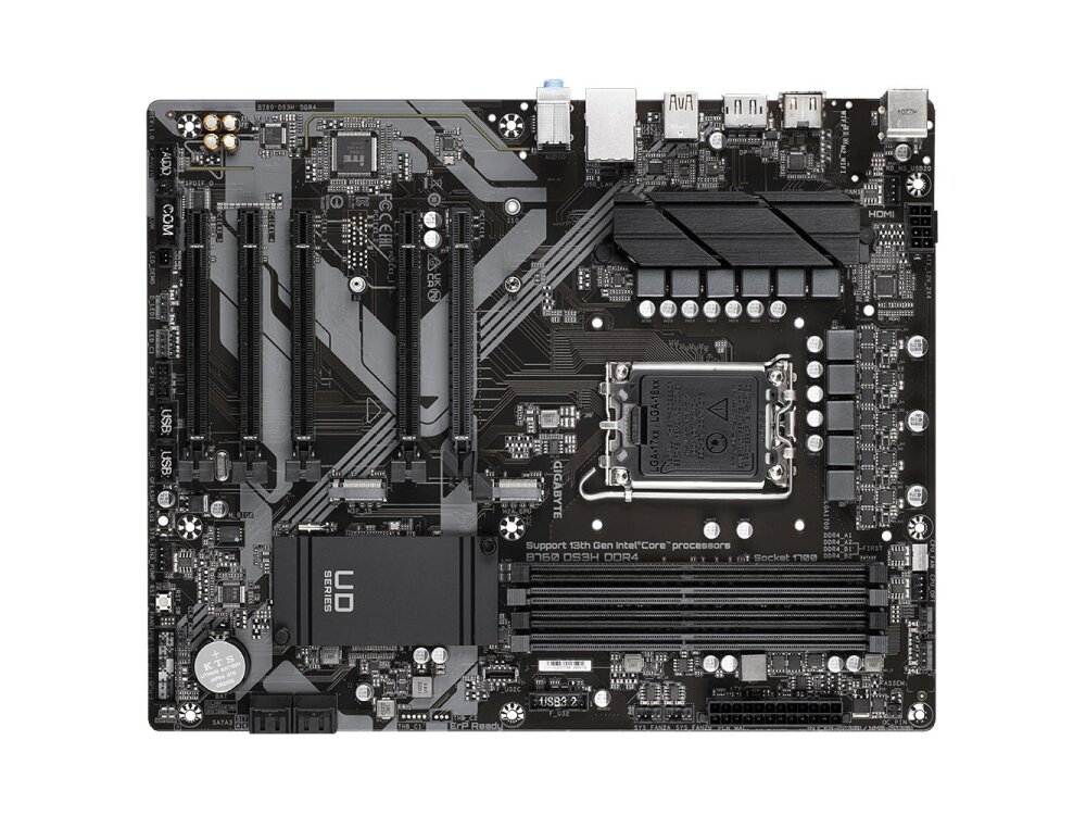 Mainboard|GIGABYTE|Intel B760 Express|LGA1700|ATX|Memory DDR4|Memory slots 4|4xPCI-Express 3.0 1x|1xPCI-Express 4.0 16x|2xM.2|1xHDMI|1xDisplayPort|4xUSB 2.0|1xUSB 3.2|1xUSB-C|1xPS/2|1xRJ45|3xAudio port|B760DS3HDDR4 4