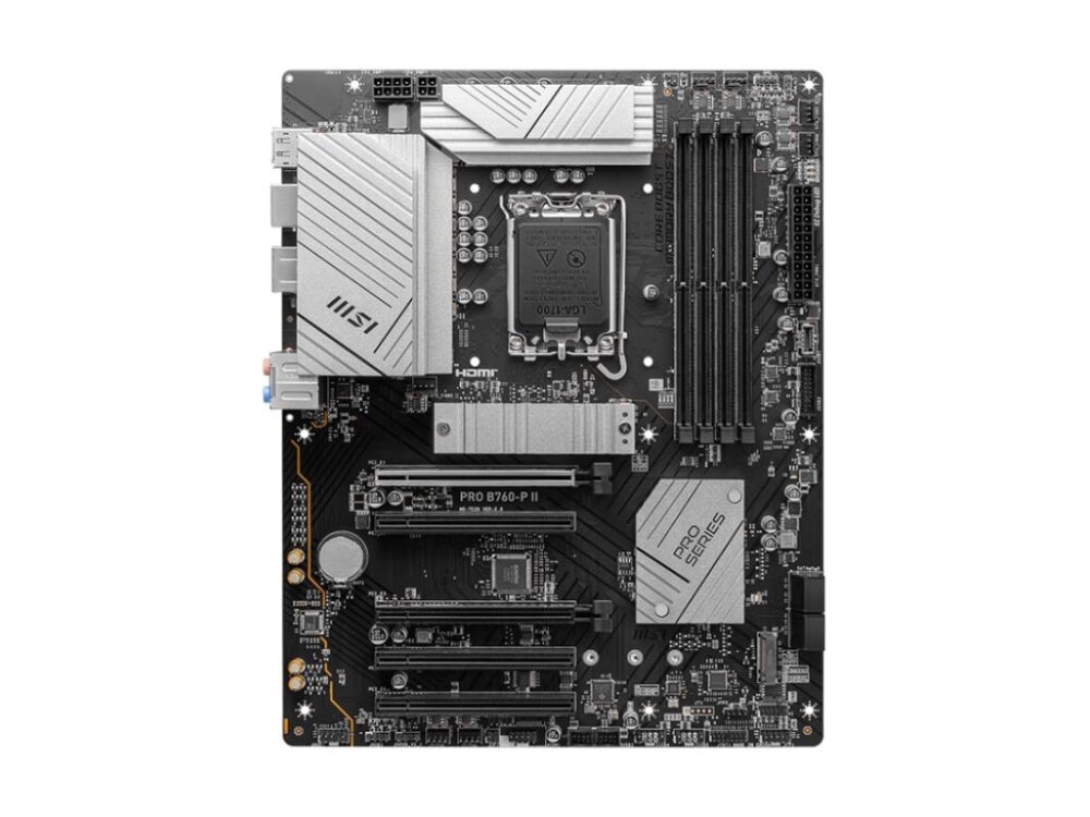 Mainboard|MSI|Intel B760 Express|LGA1700|Memory DDR5|Memory slots 4|5xPCI-Express 5.0 16x|2xM.2|1xHDMI|1xDisplayPort|2xUSB 2.0|2xUSB 3.2|1xUSB-C|1xOptical S/PDIF|1xRJ45|5xAudio port|PROB760-PII Mainboard|MSI|Intel B760 Express|LGA1700|Memory DDR5|Memory slots 4|5xPCI-Express 5.0 16x|2xM.2|1xHDMI|1xDisplayPort|2xUSB 2.0|2xUSB 3.2|1xUSB-C|1xOptical S/PDIF|1xRJ45|5xAudio port|PROB760-PII