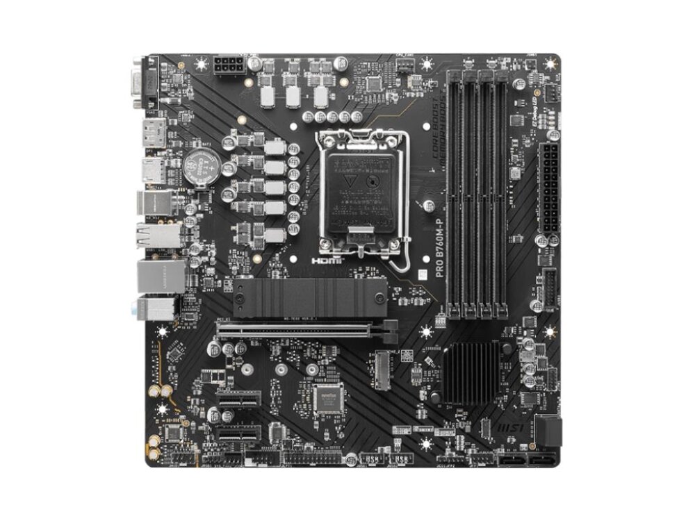 Mainboard|MSI|Intel B760 Express|LGA1700|Micro-ATX|Memory DDR5|Memory slots 4|2xPCI-Express 1x|1xPCI-Express 16x|2xM.2|1x15pin D-sub|1xHDMI|1xDisplayPort|4xUSB 2.0|1xUSB 3.2|1xUSB-C|2xPS/2|1xRJ45|3xAudio port|PROB760M-P 1