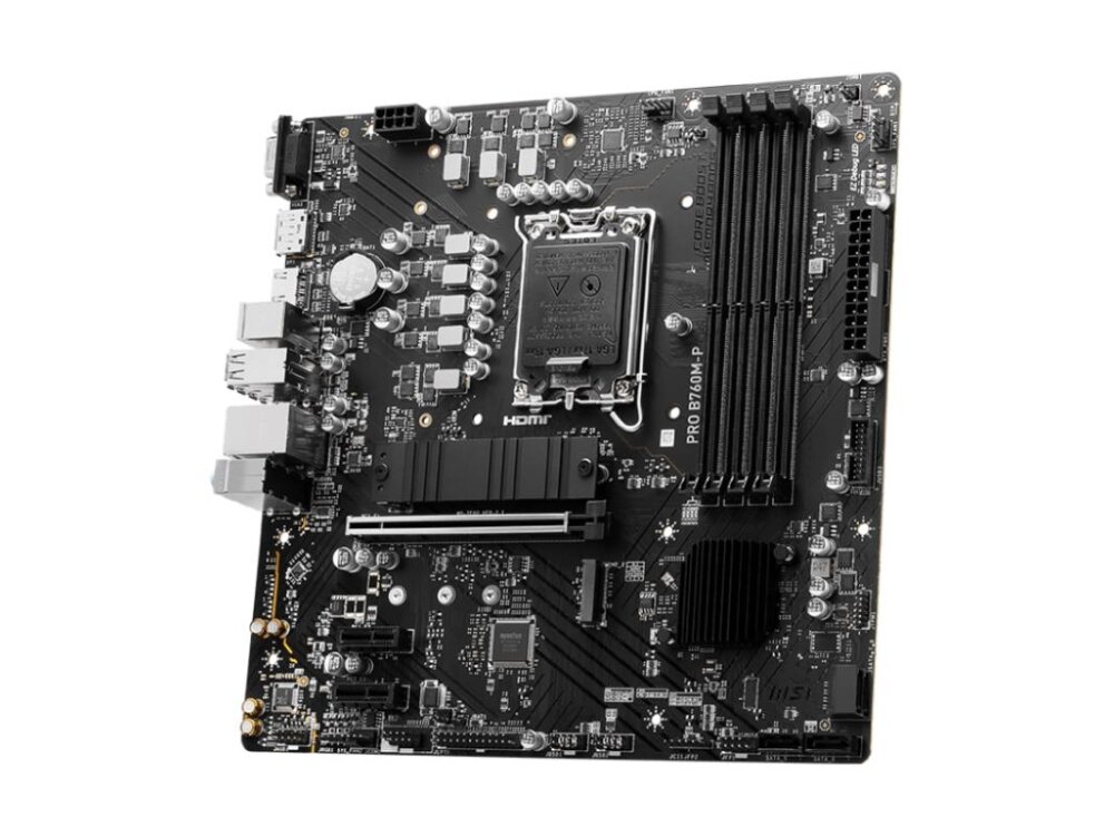 Mainboard|MSI|Intel B760 Express|LGA1700|Micro-ATX|Memory DDR5|Memory slots 4|2xPCI-Express 1x|1xPCI-Express 16x|2xM.2|1x15pin D-sub|1xHDMI|1xDisplayPort|4xUSB 2.0|1xUSB 3.2|1xUSB-C|2xPS/2|1xRJ45|3xAudio port|PROB760M-P 2