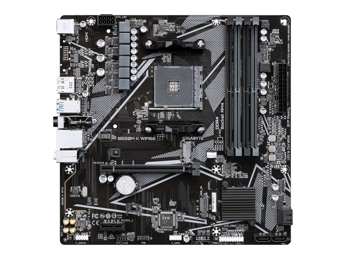 Mainboard|GIGABYTE|AMD B550|Socket AM4|micro ATX|RAM DDR4-SDRAM|4xSlots|Wi-Fi Yes|Bluetooth Yes|2xNumber of M.2 (M) slots|GIGABYTE B550M K WIFI6E|B550MKWF6E 1