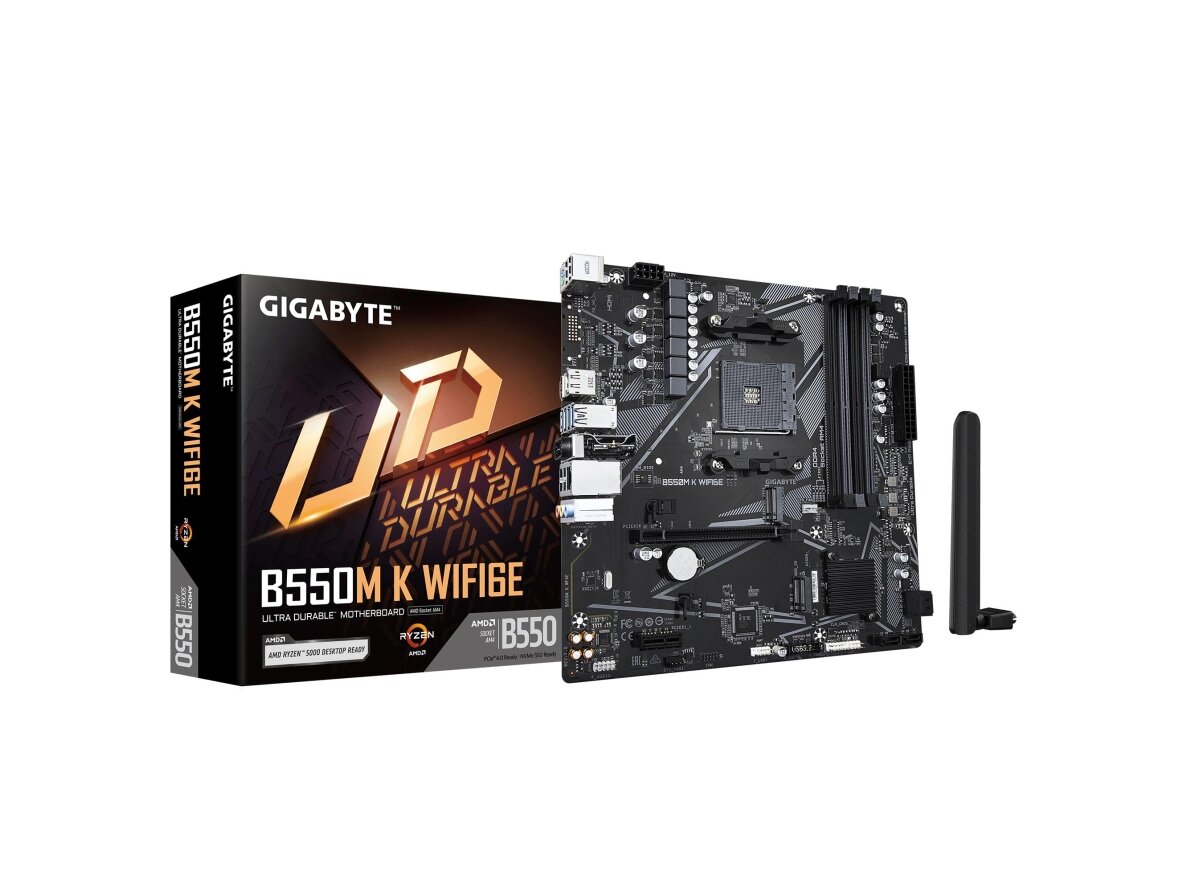 Mainboard|GIGABYTE|AMD B550|Socket AM4|micro ATX|RAM DDR4-SDRAM|4xSlots|Wi-Fi Yes|Bluetooth Yes|2xNumber of M.2 (M) slots|GIGABYTE B550M K WIFI6E|B550MKWF6E