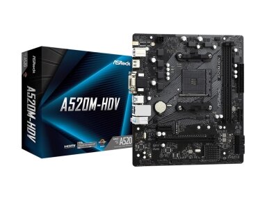 Mainboard|ASROCK|AMD A520|SAM4|Micro-ATX|Memory DDR4|Memory slots 2|1xPCI-Express 3.0 1x|1xPCI-Express 3.0 16x|1xM.2|1x15pin D-sub|1xDVI-D|1xHDMI|2xAudio-In|1xAudio-Out|2xUSB 2.0|4xUSB 3.2|1xPS/2|1xRJ45|A520M-HDV
