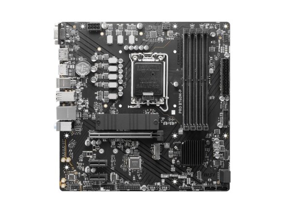 Mainboard|MSI|Intel B760 Express|LGA1700|Micro-ATX|Memory DDR5|Memory slots 4|2xPCI-Express 1x|1xPCI-Express 16x|2xM.2|1x15pin D-sub|1xHDMI|1xDisplayPort|4xUSB 2.0|1xUSB 3.2|1xUSB-C|2xPS/2|1xRJ45|3xAudio port|PROB760M-P 1