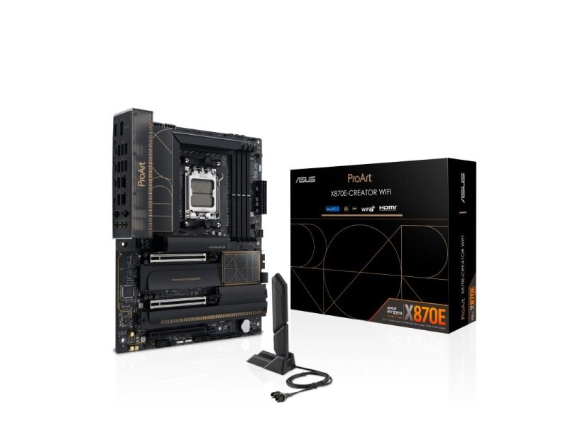 Mainboard|ASUS|AMD X870E|SAM5|ATX|Memory DDR5|Memory slots 4|3xPCI-Express 4.0 16x|2xPCI-Express 5.0 16x|4xM.2|1xHDMI|1xDisplayPort|1xUSB 2.0|7xUSB 3.2|3xUSB-C|1xRJ45|3xAudio port|PROARTX870E-CREATORWIFI