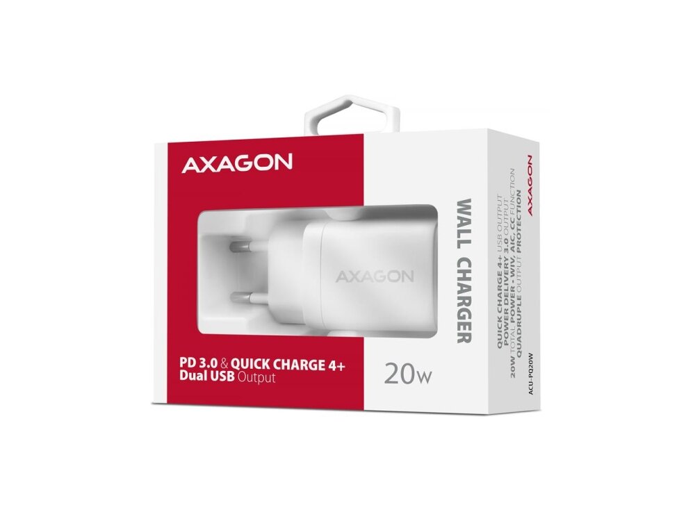 MOBILE CHARGER WALL USB 20W/2PORT WHITE ACU-PQ20W AXAGON 1