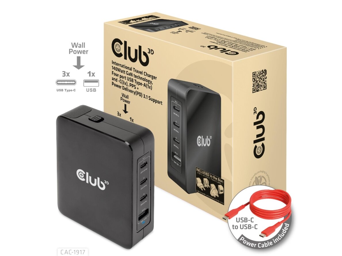MOBILE TRAVEL CHARGER USB-C/140W GAN CAC-1917 CLUB3D MOBILE TRAVEL CHARGER USB-C/140W GAN CAC-1917 CLUB3D