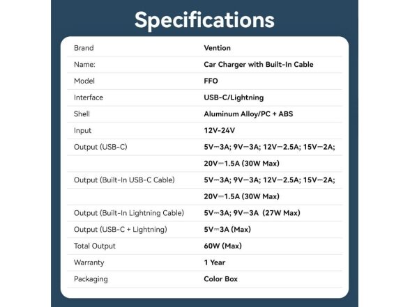 MOBILE CHARGER CAR USB/3P BLACK FFOB0 VENTION 14 MOBILE CHARGER CAR USB/3P BLACK FFOB0 VENTION 14