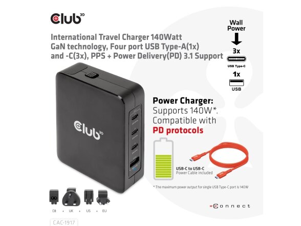 MOBILE TRAVEL CHARGER USB-C/140W GAN CAC-1917 CLUB3D 1