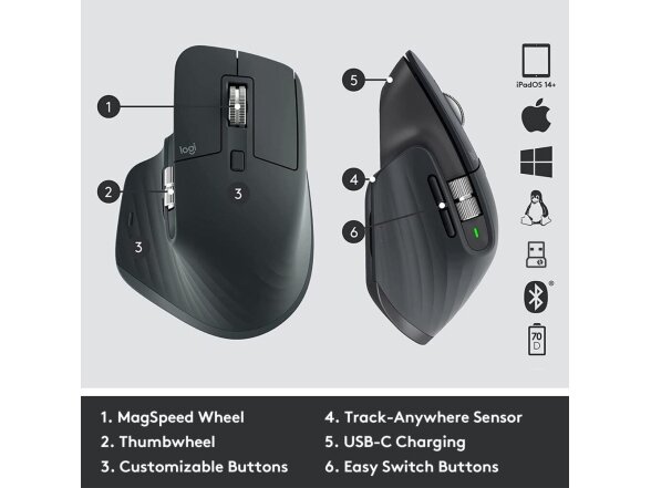 MOUSE BLUETH OPTICAL MASTER 3S/GRAPHITE 910-006582 LOGITECH 6