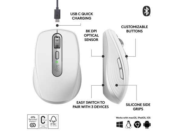 MOUSE USB OPTICAL WRL MX 3S/PALE GREY 910-006930 LOGITECH 10