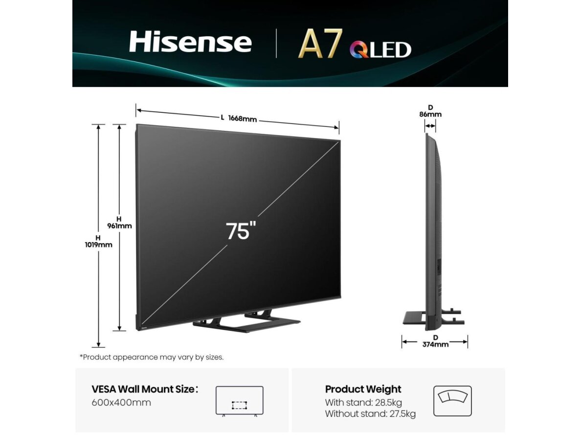 TV Set|HISENSE|75 "|4K Ultra HD|3840 x 2160 pixels|Flat|16:9|QLED|75A7Q 1