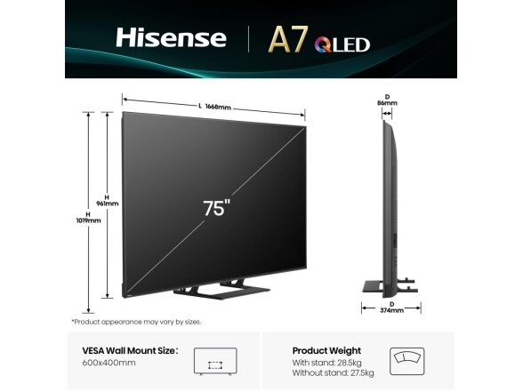 TV Set|HISENSE|75 "|4K Ultra HD|3840 x 2160 pixels|Flat|16:9|QLED|75A7Q 1