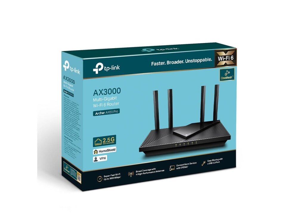 Wireless Router|TP-LINK|Wireless Router|3000 Mbps|Wi-Fi 6|IEEE 802.11a|IEEE 802.11 b/g|IEEE 802.11n|IEEE 802.11ac|IEEE 802.11ax|USB 3.0|3x10/100/1000M|1x2.5GbE|LAN \ WAN ports 1|Number of antennas 4|ARCHERAX55PRO 2 Wireless Router|TP-LINK|Wireless Router|3000 Mbps|Wi-Fi 6|IEEE 802.11a|IEEE 802.11 b/g|IEEE 802.11n|IEEE 802.11ac|IEEE 802.11ax|USB 3.0|3x10/100/1000M|1x2.5GbE|LAN \ WAN ports 1|Number of antennas 4|ARCHERAX55PRO 2
