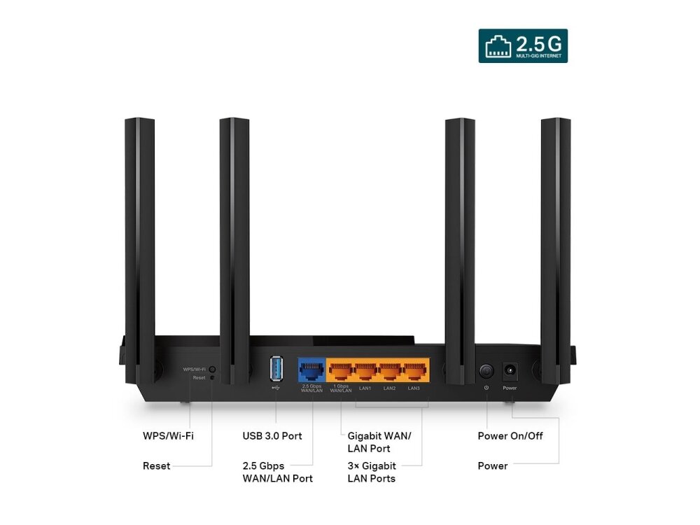 Wireless Router|TP-LINK|Wireless Router|3000 Mbps|Wi-Fi 6|IEEE 802.11a|IEEE 802.11 b/g|IEEE 802.11n|IEEE 802.11ac|IEEE 802.11ax|USB 3.0|3x10/100/1000M|1x2.5GbE|LAN \ WAN ports 1|Number of antennas 4|ARCHERAX55PRO 3