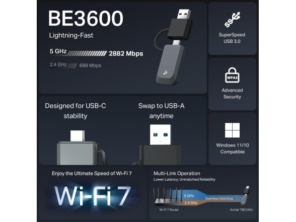 WRL ADAPTER 3600MBPS WI-FI 7/ARCHER TBE230U TP-LINK 3 WRL ADAPTER 3600MBPS WI-FI 7/ARCHER TBE230U TP-LINK 3